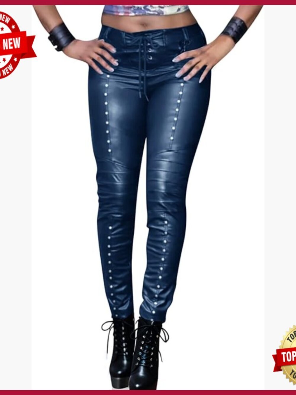 Faux Leather Leggings Studded Punk Skinny Pants Mid Rise Fleece Lined